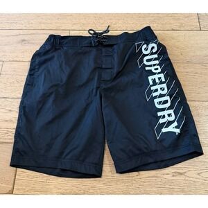 Superdry Mens Black Swim Shorts Size XL Side Logo‎ Elastic Waist Drawstring